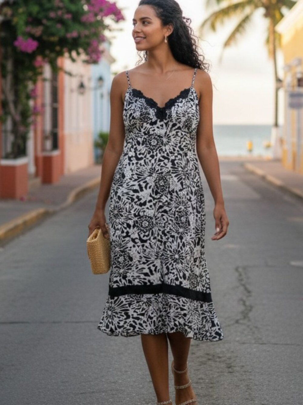 Signature by Sangria Black Floral Cotton Midi Dress Sz 16 Crochet Trim Resort